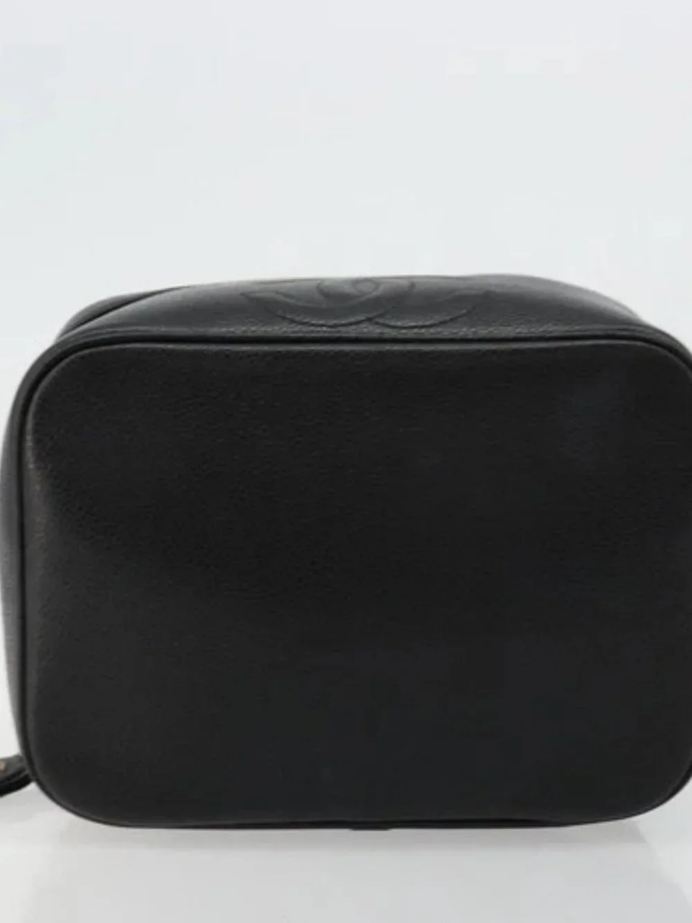 CHANEL Vanity Pouch Grained Calf Skin Black Gold CC Auth bs34489